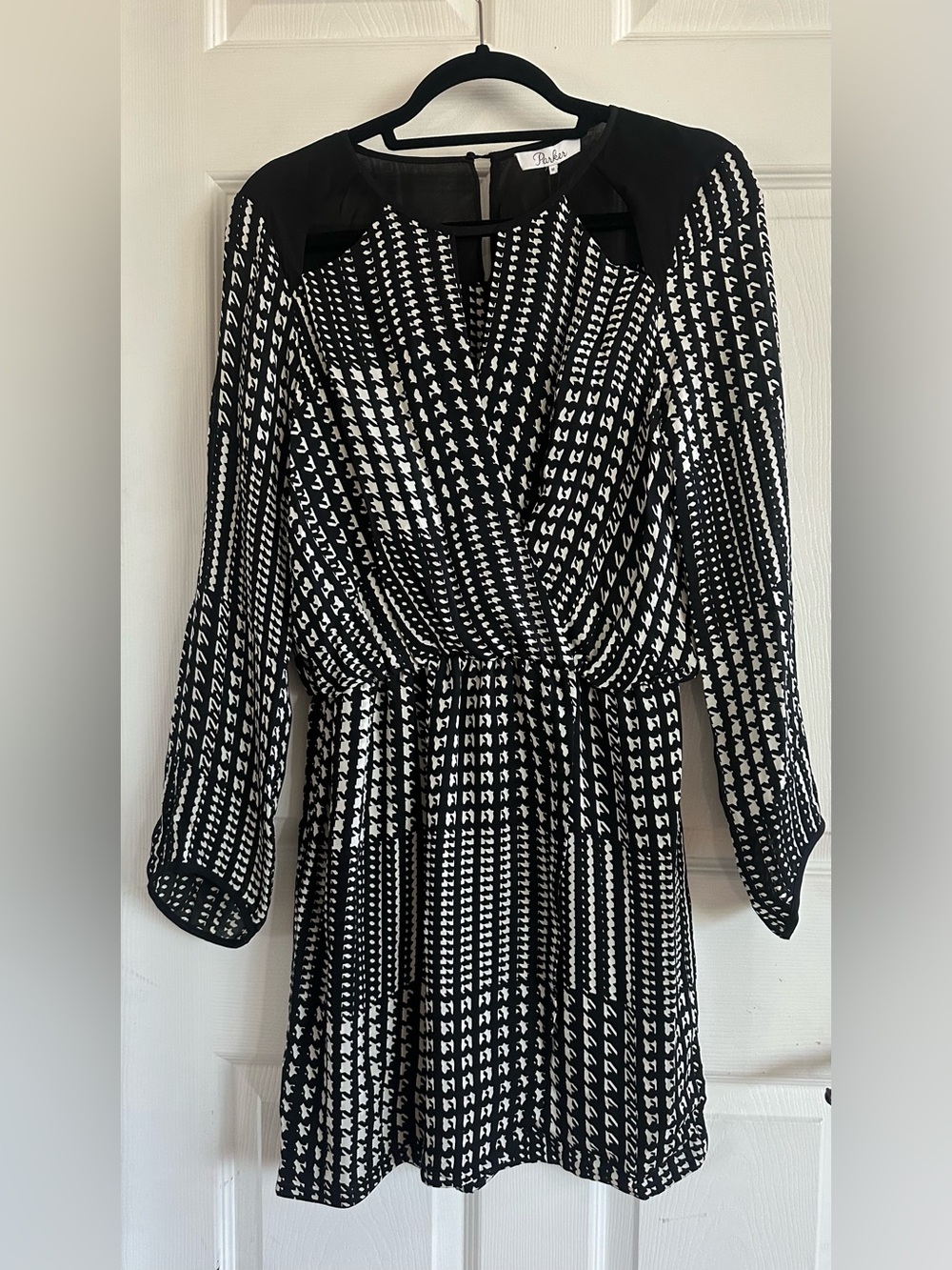 Parker Black and White Patterned Long-Sleeve Dress
